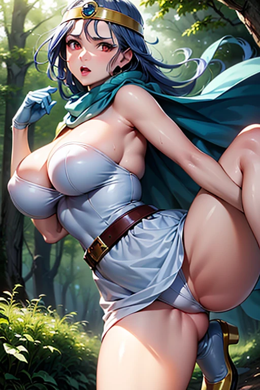 (Very detailed,Highest quality,4K,8K,16K,High resolution,masterpiece:1.2),(Perfect hands,Perfect Legs),(Realistic,photoRealistic,photo-Realistic:1.37),One Woman, Sage, Red eyes, Blue Hair, Long Hair, Ahoge, Circlet, White Dress, gloves, Blue Cape, Yellow footwear Beautifully detailed sweat glands,Smooth skin texture,Carefully drawn,
Lively expressions,(Big Breasts),Sticky with sweat,Use magic,In a dynamic pose,
Dragon Quest,Outdoor,forest