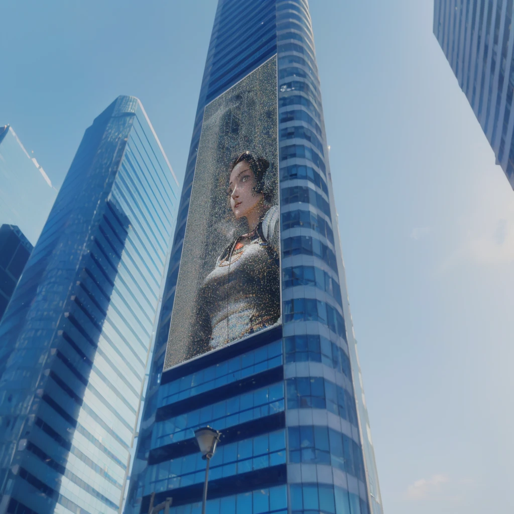 arafed image of girl a building, highly detailed giantess shot, highly detailed vfx portrait of, perched on a skyscraper, extremely detailed giantess shot, pixels huh, giantess, pixels, inspired by Scott Listfield, megatall building, giant led screens, macro giantess, giant video screens, chell from portal