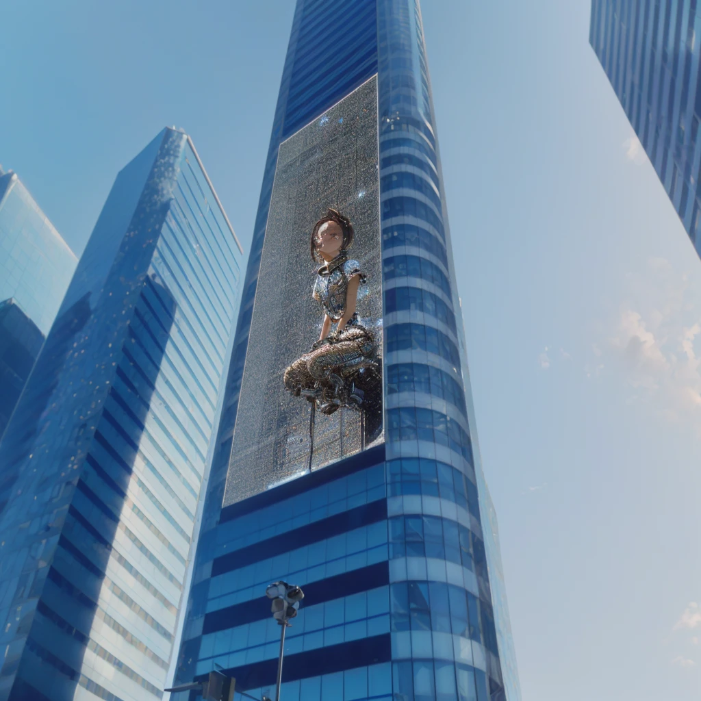 arafed image of girl a building, highly detailed giantess shot, highly detailed vfx portrait of, perched on a skyscraper, extremely detailed giantess shot, pixels huh, giantess, pixels, inspired by Scott Listfield, megatall building, giant led screens, macro giantess, giant video screens, chell from portal