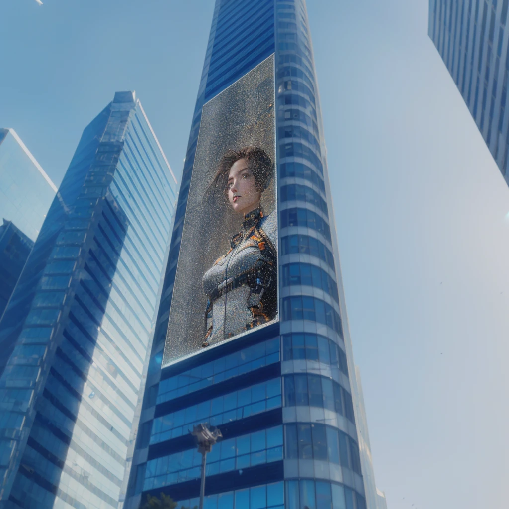 arafed image of girl a building, highly detailed giantess shot, highly detailed vfx portrait of, perched on a skyscraper, extremely detailed giantess shot, pixels huh, giantess, pixels, inspired by Scott Listfield, megatall building, giant led screens, macro giantess, giant video screens, chell from portal