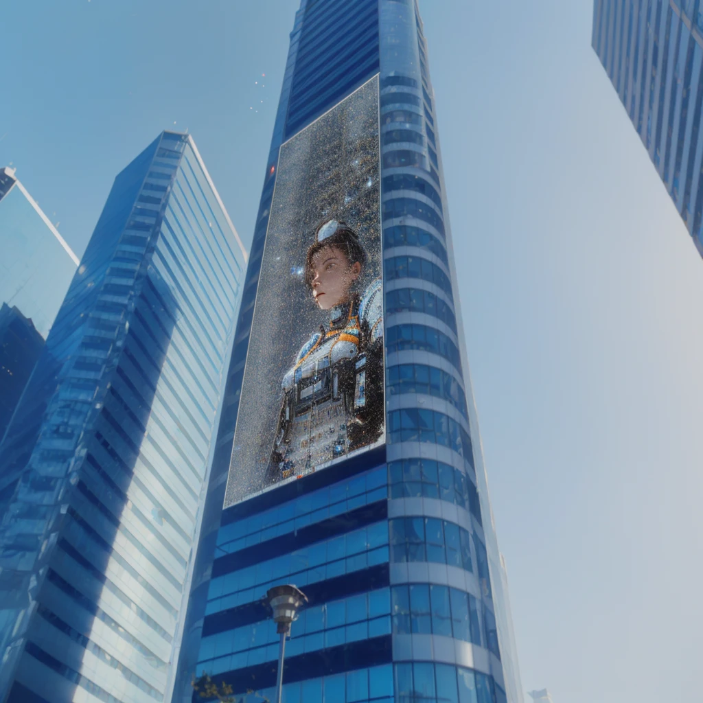arafed image of girl a building, highly detailed giantess shot, highly detailed vfx portrait of, perched on a skyscraper, extremely detailed giantess shot, pixels huh, giantess, pixels, inspired by Scott Listfield, megatall building, giant led screens, macro giantess, giant video screens, chell from portal