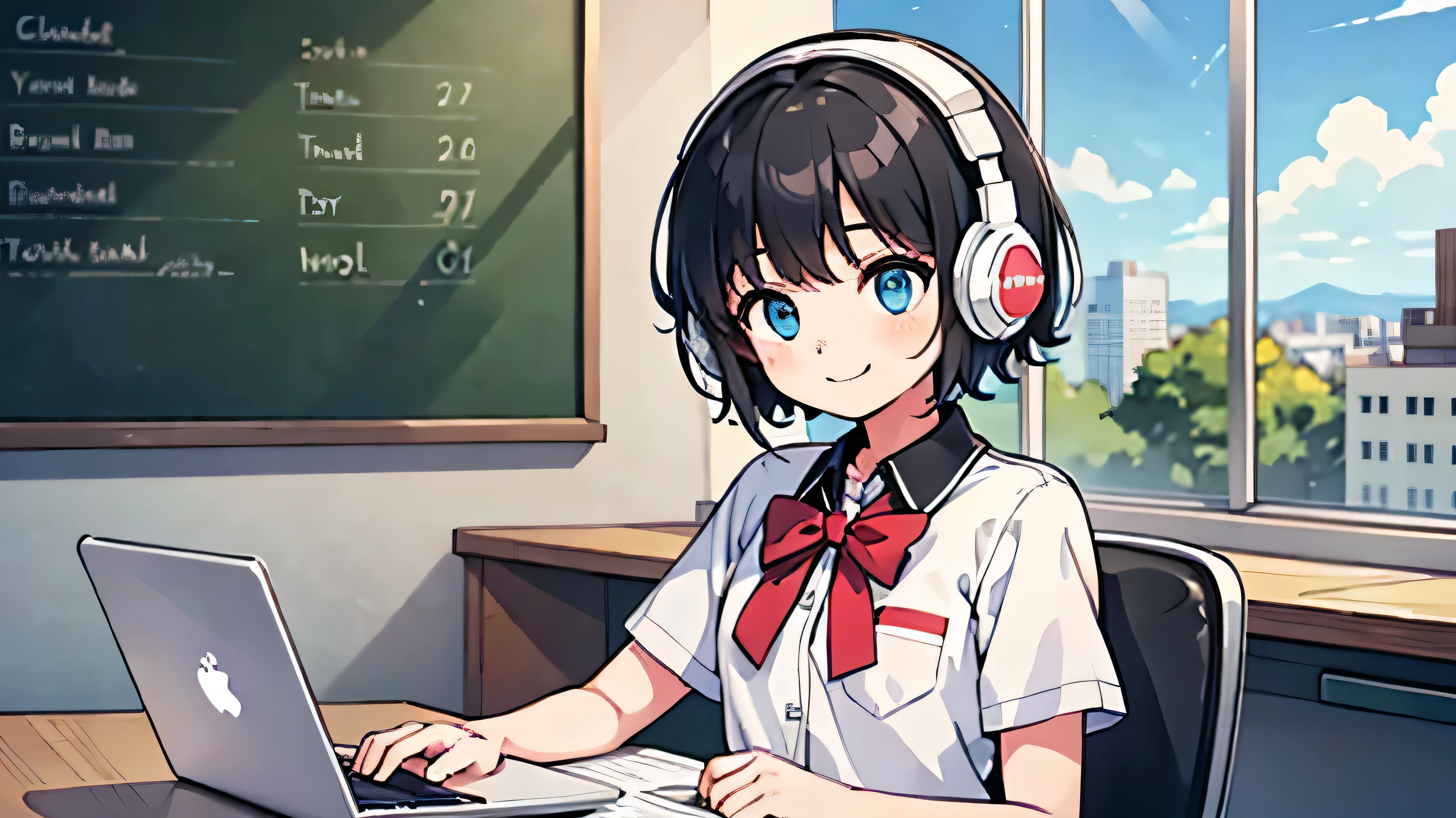 1girl, solo, blue eyes, (detailed eyes), gentle smile on her face flat chest, short hair, black hair, upper body, wearing a school uniform((masterpiece, illustration, best quality)) girl sitting at a desk with a laptop and headphones on