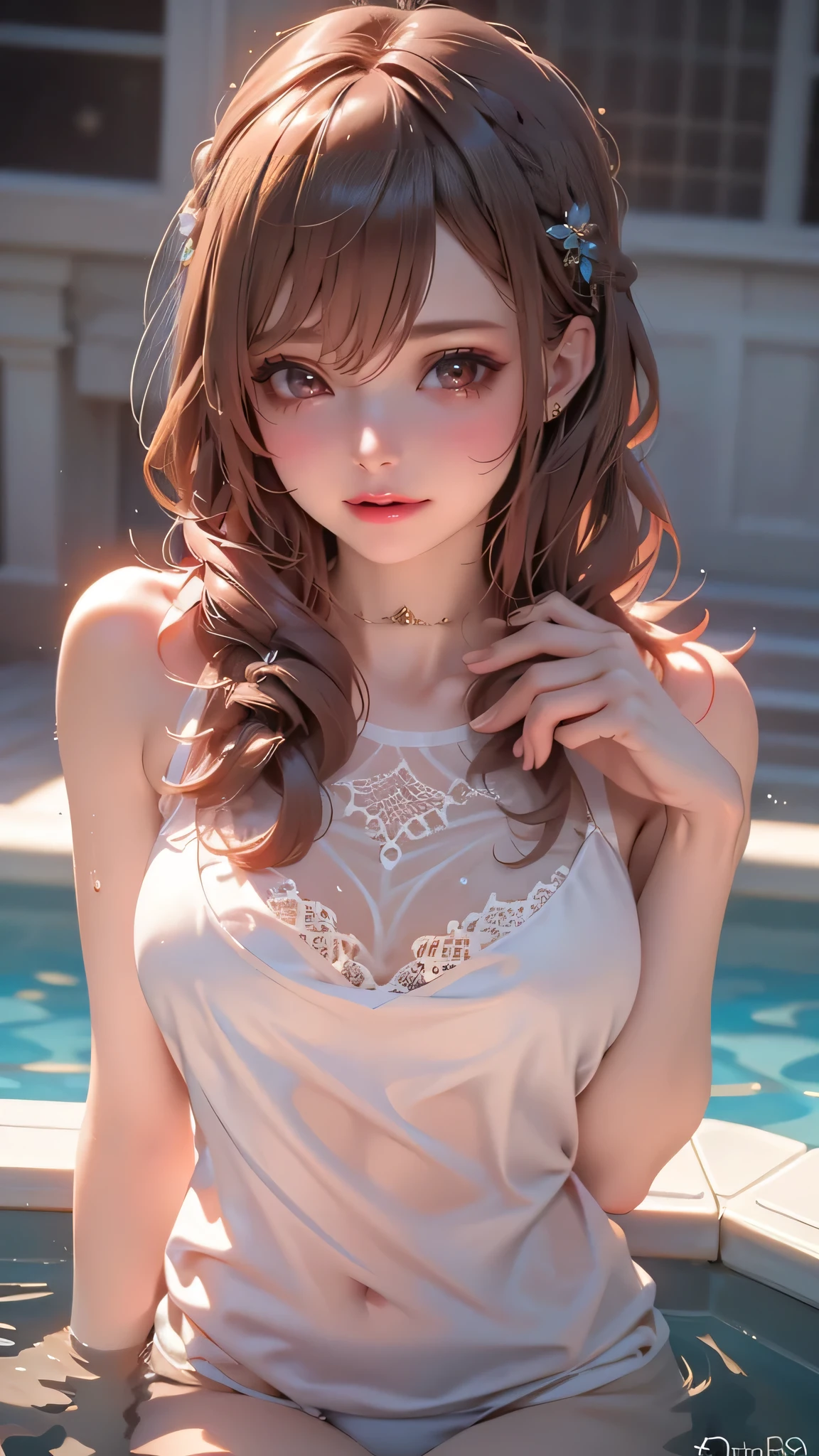 (fellatio gesture),(floating in water),(soaked),baggy t-shirt,(see through),lace swimsuit,(Thin type:1.5),(large breasts),(random hairstyle:1.2),(Highest image quality, (8K), Ultra-realistic, Best Quality, High quality, High Definition, high quality texture, high detailing, Beautiful detailed, fine detailed, extremely details CG, Detailed texture, realistic representation of face, masterpiece, presence)