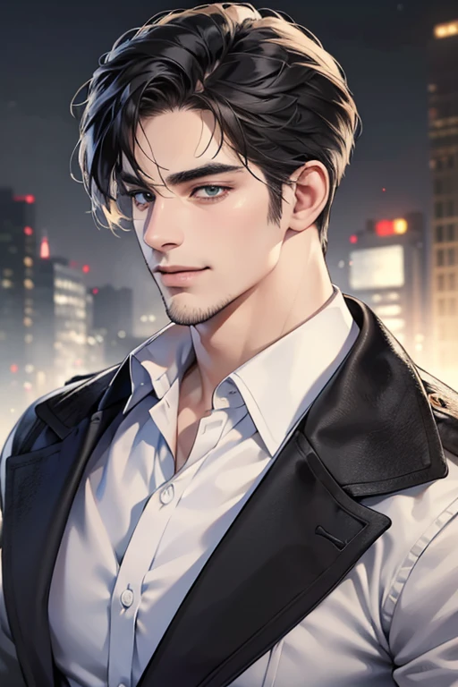 (best quality,4k,8k,highres,masterpiece:1.2),ultra-detailed,(realistic,photorealistic,photo-realistic:1.37),30 year old man,3 day beard,handsome anime,portraits,strong,masculine,dark hair,sharp jawline,mesmerizing eyes,perfectly styled hair,cool anime outfit,confident expression,vibrant colors,dynamic lighting, CEO and expression smile in love.
