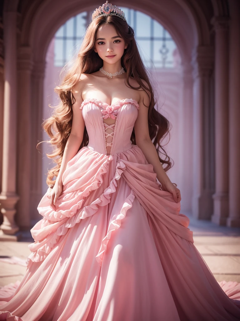 Cinema photo beautiful young woman wearing a pink princess dress, bloom, Dreamscape, soft lighting, Shy smile, Big hair, Full body, sensual pose, Throne, Viewers look at, Ribbon, arch . 35mm Photography, film, bokeh, Specialist, 4K, muito detalhado