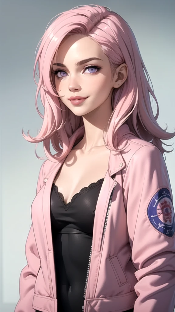(masterpiece, best quality), intricate details, thin, ((slim)), beautiful girl, Light pink hair, white skin, light purple eyes, sharp jawline, cropped jacket, messy hair, lips, upper body, smirk
