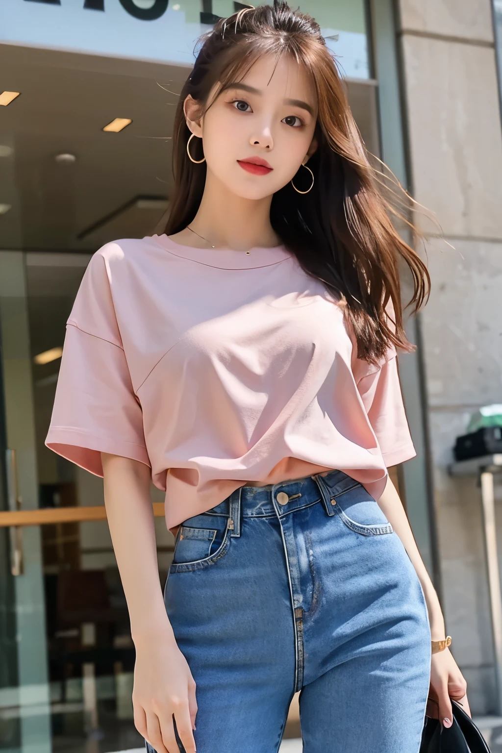 ((Highest quality)), ((masterpiece)), (detailed), One girl, Plain pink T-shirt,jeans