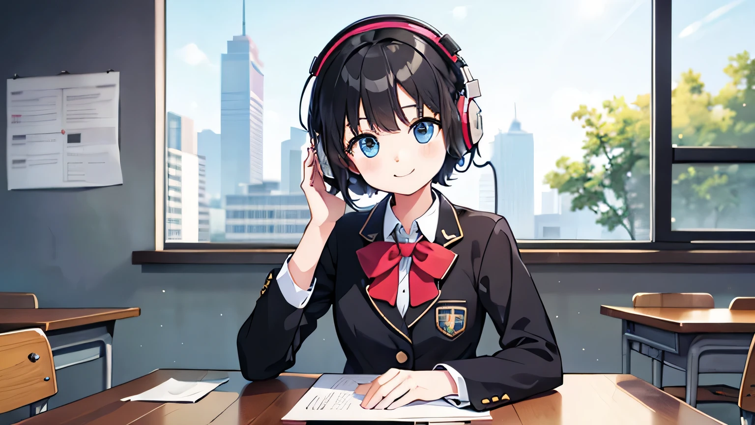 1girl, solo, blue eyes, (detailed eyes), gentle smile on her face flat chest, short hair, black hair, upper body, wearing a school uniform((masterpiece, illustration, best quality)) girl sitting at a desk with a laptop and headphones on