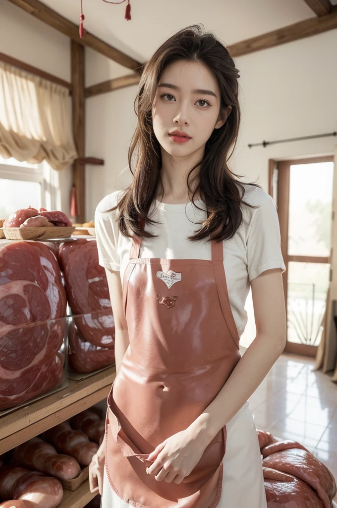(((best quality))),(((ultra detailed))),(((masterpiece))),illustration, 1girl,female butcher,solo,slim,thin,small breasts,flat chest,(apron covered in greasy stains:1.3), plainradiant face, hint of smile,slender legs,boots,standing,arms behind back,full body, gentle and innocent nature,spacious warehouse, (The room was full filled with fresh meat:1.5), stark white walls, contrasting red and pink hues, Calm and composure, sense of warmth and humanity, natural lighting, sunlight, silhouette, delicate frame, graceful posture, unique and intriguing moment, resilience and adaptability of the human spirit,indoor,((9upper body,from front))