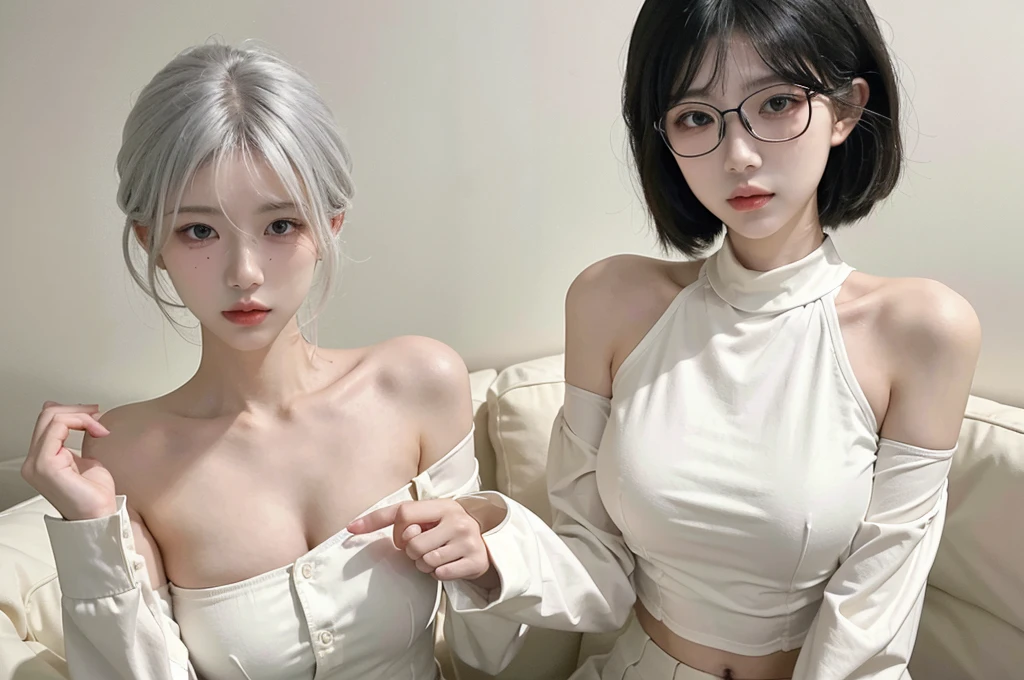 Beautiful woman with perfect figure:1.4,Ultra-high resolution,Wearing glasses,white背景,(real:1.4),Layered Hairstyles,white皮肤,Super Short Pleated Skirt,whole body,Extremely delicate facial and skin texture,double eyelid,Skin whitening,Long Hair,white hair,white,