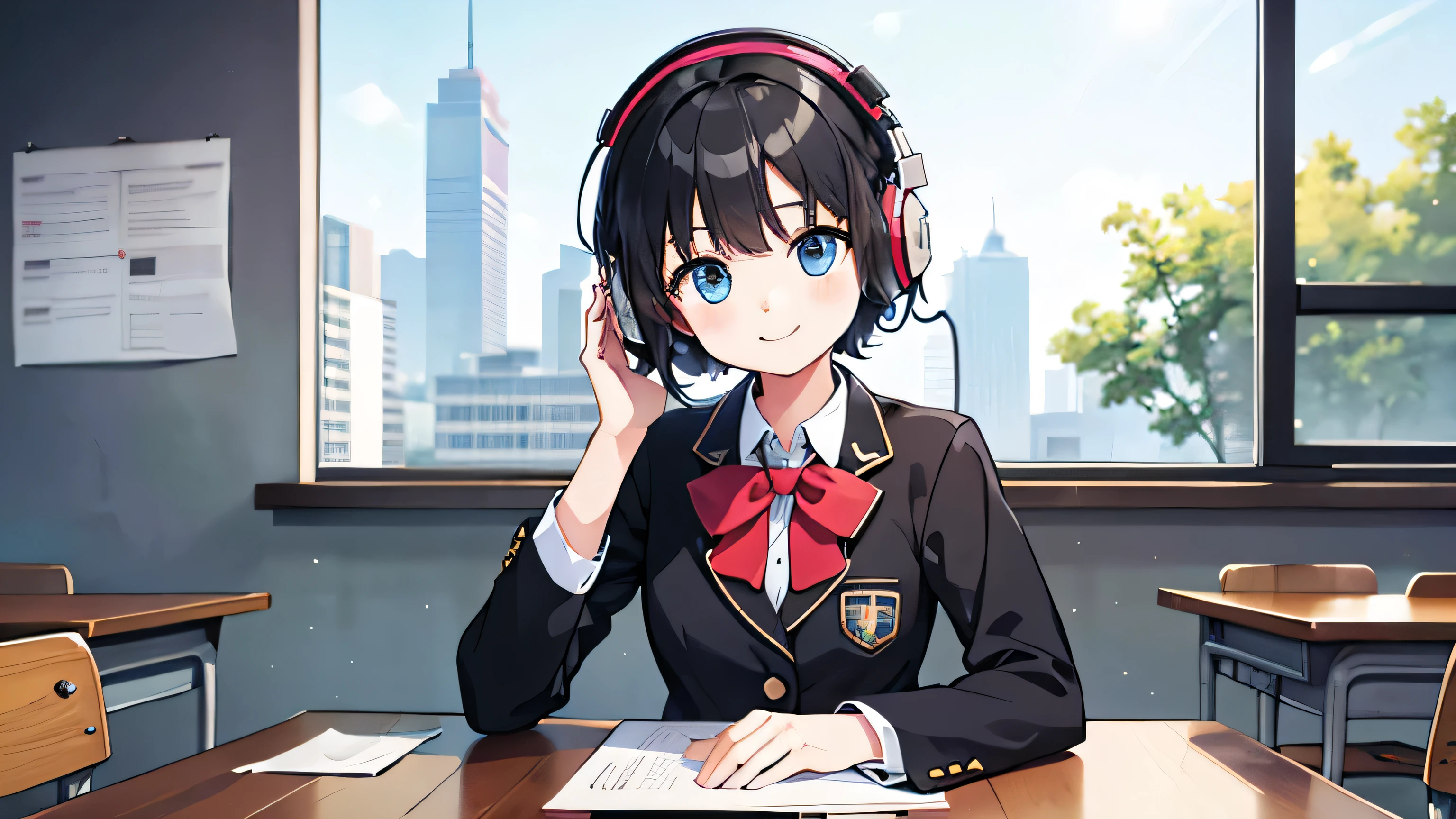 1girl, solo, blue eyes, (detailed eyes), gentle smile on her face flat chest, short hair, black hair, upper body, wearing a school uniform((masterpiece, illustration, best quality)) girl sitting at a desk with a laptop and headphones on