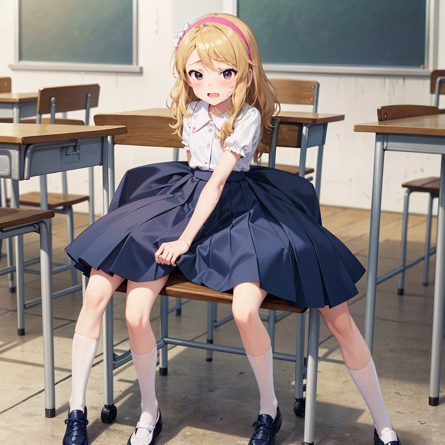 Highest quality,Highest quality,One girl,One boy,(((()))),Flat Chest,orgasm,blush, Sweat, Sakurai Momoka,Blonde,White Sarah Outfit,Navy Blue Skirt, Not a pleated skirt,whole body,classroom, White Pantyhose、Flipping up a navy blue skirt、Spread your legs