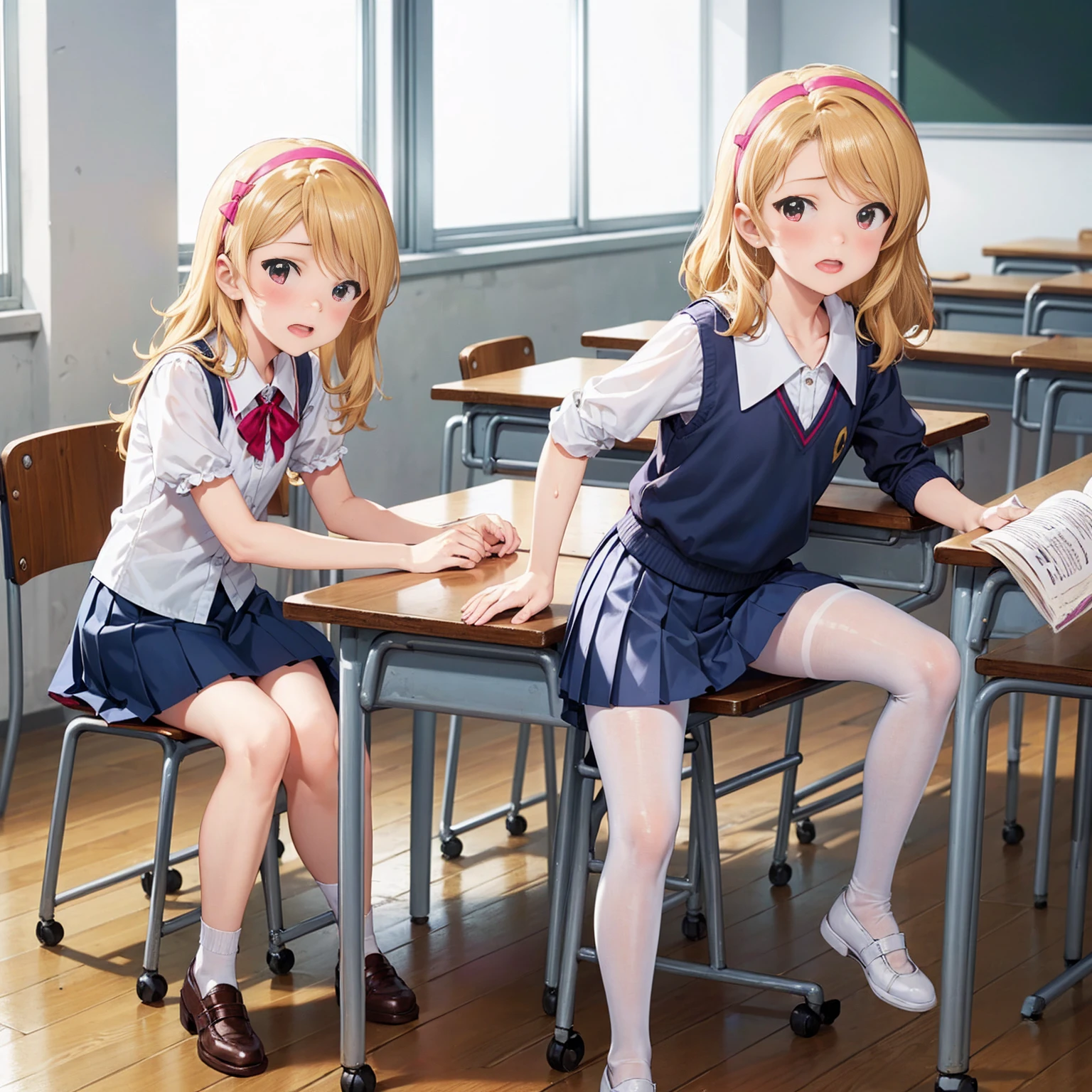 Highest quality,Highest quality,One girl,One boy,((((10 years old)))),Flat Chest,orgasm,blush, Sweat, Sakurai Momoka,Blonde,White Sarah Outfit,Navy Blue Skirt, Not a pleated skirt,whole body,classroom, White Pantyhose、Flipping up a navy blue skirt、Spread your legs