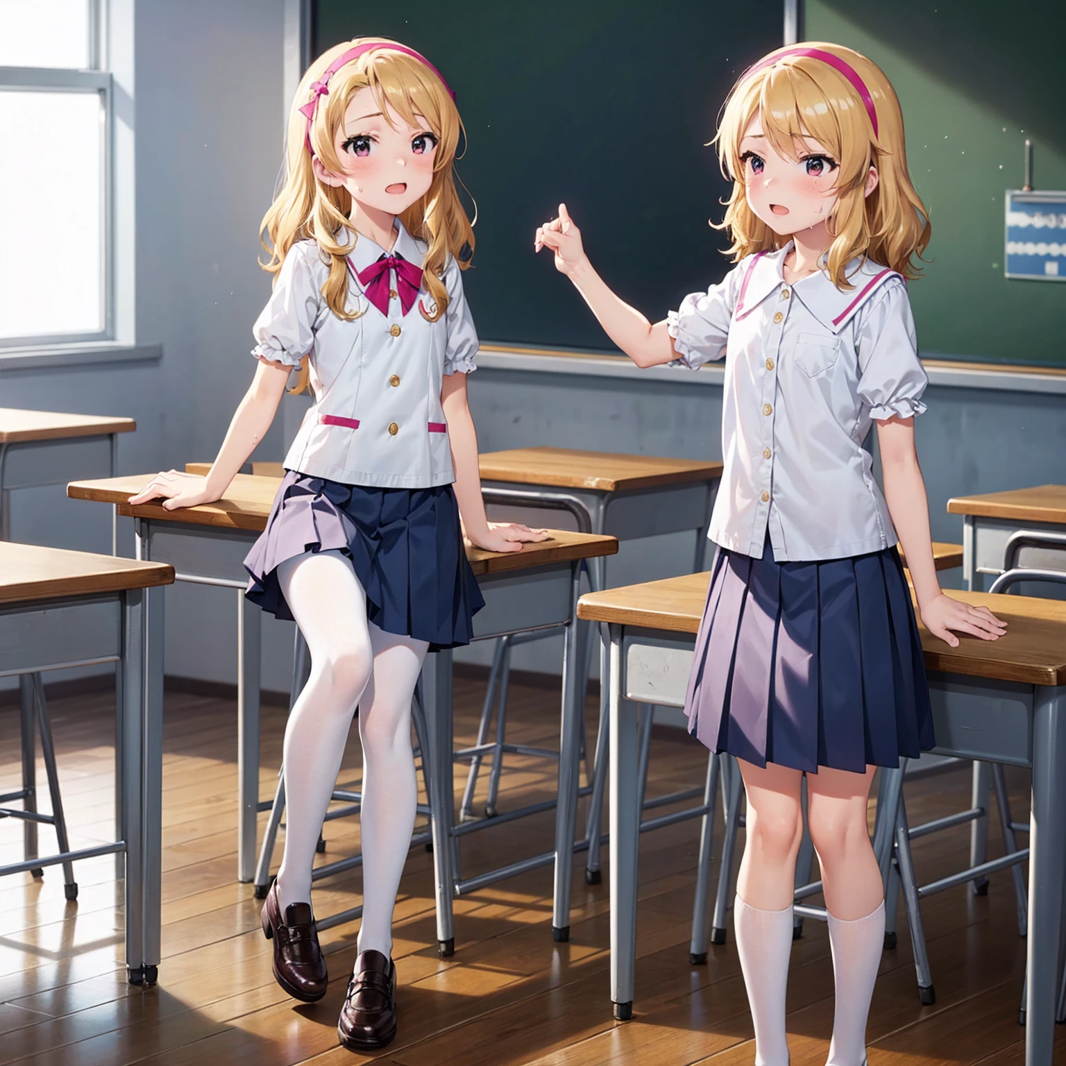 Highest quality,Highest quality,One girl,One boy,((((10 years old)))),Flat Chest,orgasm,blush, Sweat, Sakurai Momoka,Blonde,White Sarah Outfit,Navy Blue Skirt, Not a pleated skirt,whole body,classroom, White Pantyhose、Flipping up a navy blue skirt、Spread your legs