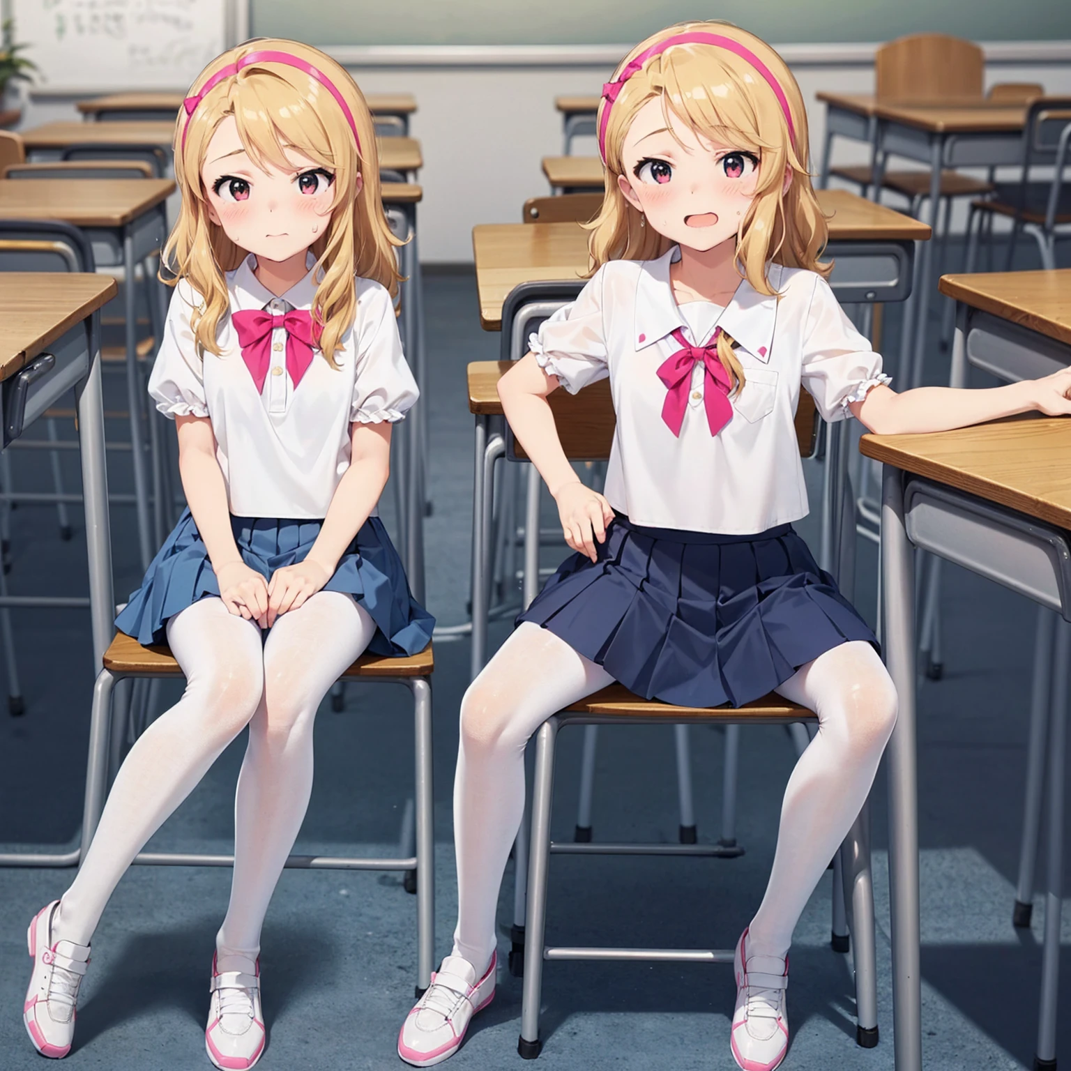 Highest quality,Highest quality,One girl,One boy,((((10 years old)))),Flat Chest,orgasm,blush, Sweat, Sakurai Momoka,Blonde,White Sarah Outfit,Navy Blue Skirt, Not a pleated skirt,whole body,classroom, White Pantyhose、Flipping up a navy blue skirt、Spread your legs