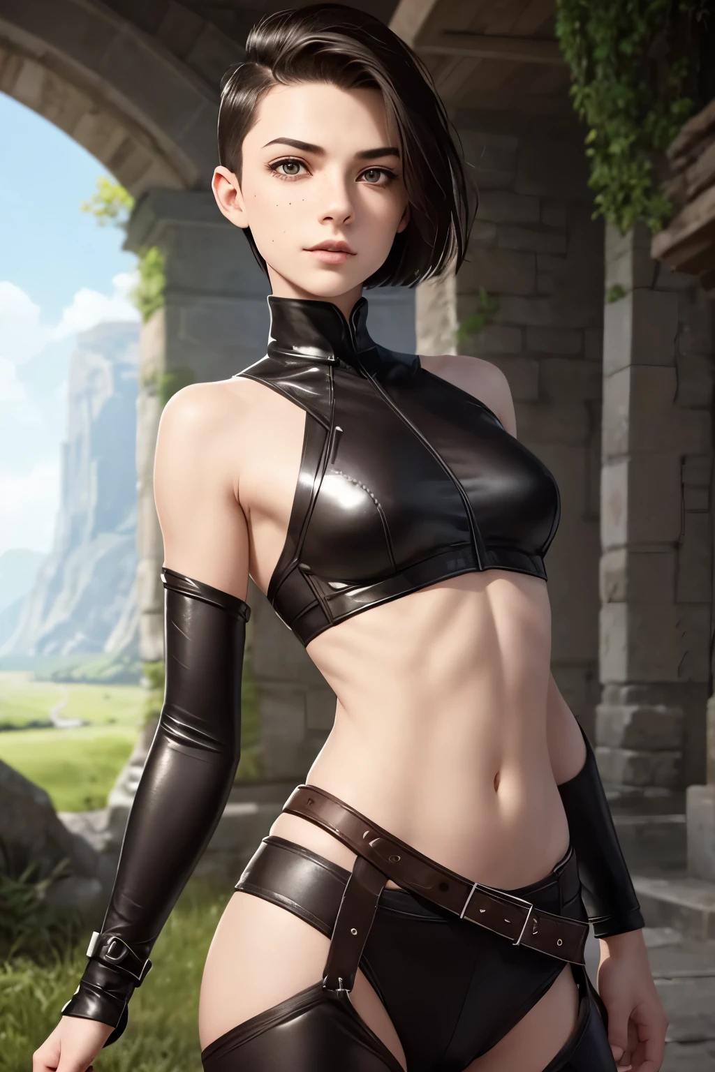 A young androgynous woman with a undercut in a fantasy setting. Happy. Kind. Friendly. Tomboyish. Very pale skin with freckles and liverspots. Very short dark-brown hair with a undercut haircut. Sides shaved. A round soft face and chin. Very thin and barely visible eyebrows. Darkbrown eyecolour. Upturned eyes. Long and wide nose. Curved lips. Long neck. Small chest. Slim. Wide hips. Long thick legs. Wearing a sexy revealing black garmet. Priest of the death. Background: A beautiful colourful landscape. Sun is shining. A forest.