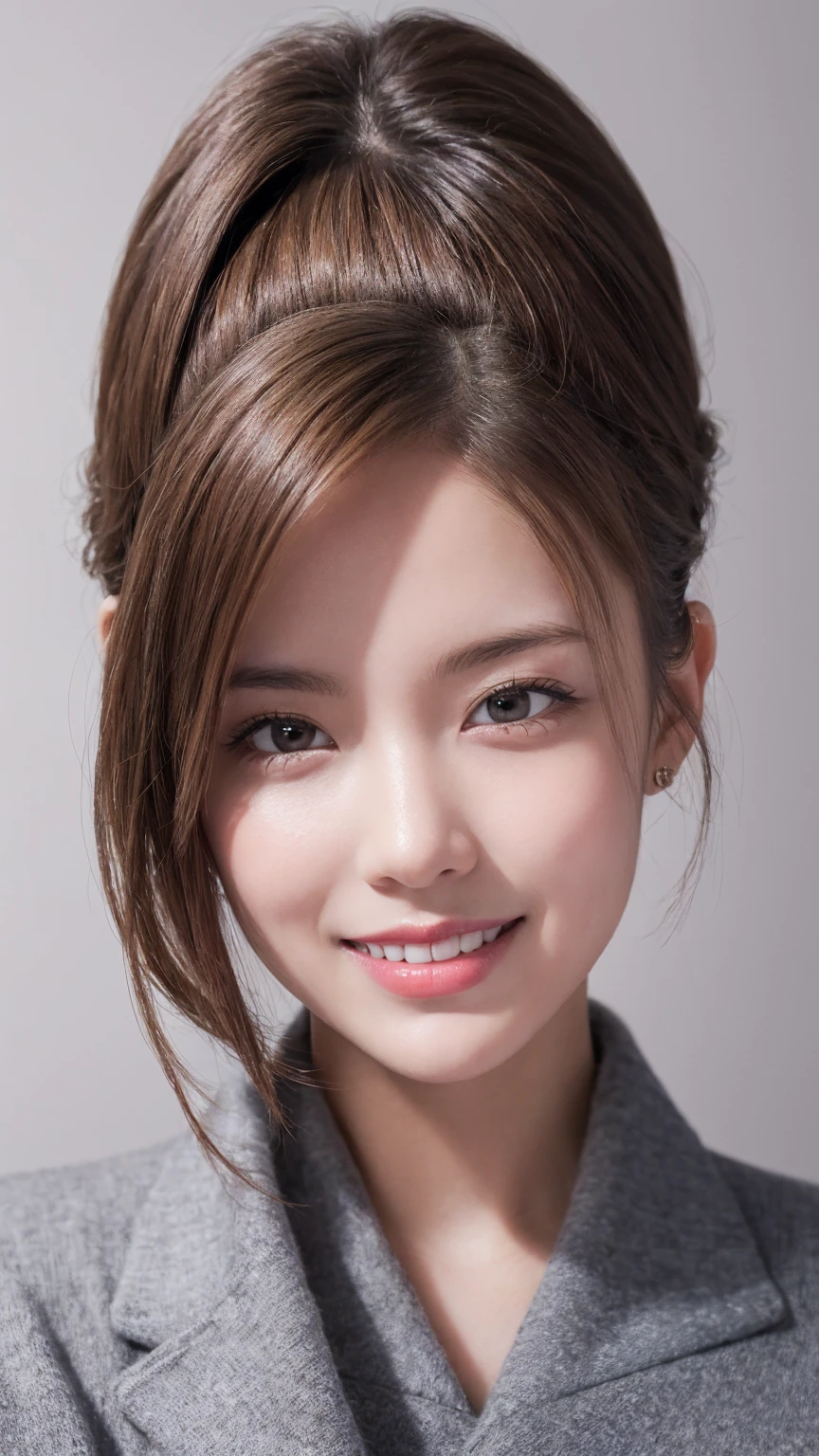 One Girl, (Wear trendy fashion:1.2), (RAW Photos, Highest quality), (Realistic, Realistic:1.4), Tabletop, Very delicate and beautiful, Very detailed, 2k wallpaper, wonderful, In detail, Very detailedな CG Unity 8K 壁紙, Very detailedな, High resolution, Soft Light, Beautiful detailed girl, Looking into the camera、Very detailedな目と顔, Beautiful and sophisticated nose, Beautiful details, short hair, small, Grey clothes、White Background、Background is white、Cinema Lighting, Perfect Anatomy, Glamour, smile, 
