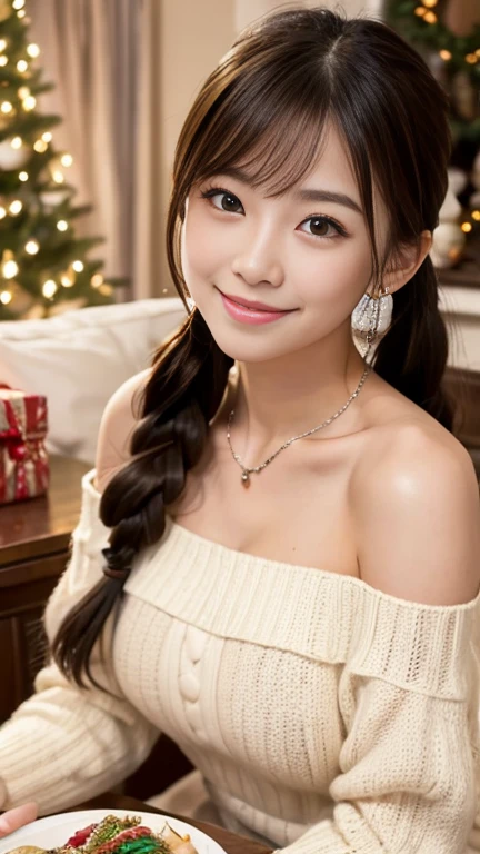 A girl wearing a cute knit dress、Off the shoulder、low twintails、Enjoy a delicious dinner on a warm Christmas evening。Around her、A dining table sparkling with Christmas decorations.、Create a warm atmosphere。smile:1.1、Holding a fork、people eating special christmas meal々Depicting。.。.。The scent of dinner and the cold of winter mix together...、Enjoy your time、freckles、24-years-old、necklace