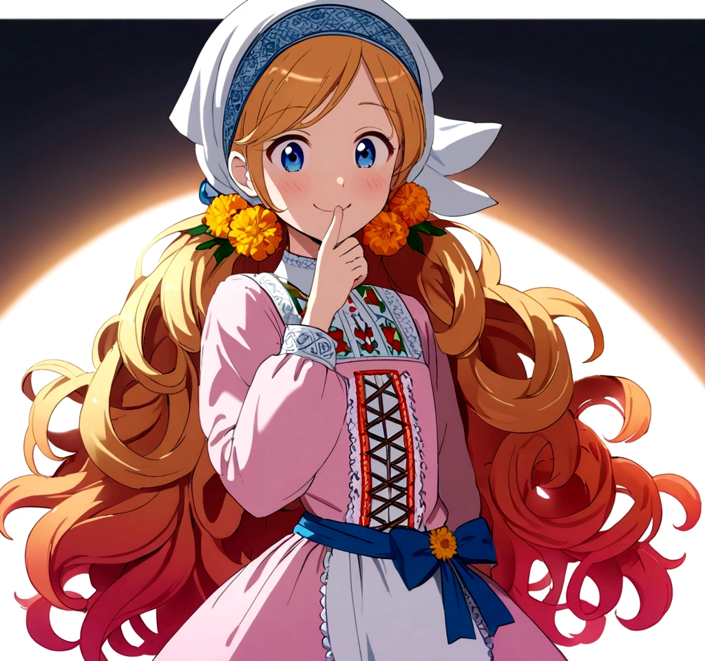 golden orange hair, gradient hair, very long hair, swept bangs, sidelocks, curly hair, wavy hair, (((((head scarf))))), head bandana, pink apron, flower in hair, marigold, orange flower, blue eyes, dirndl, pink dress, pink dirndl, long sleeves, waist apron, white apron, bow on waist, blue bow, , polish clothing, Slavic clothing, Hungarian clothing, anime, cute, flat chest,, smile, solo, shocked, hand on mouth