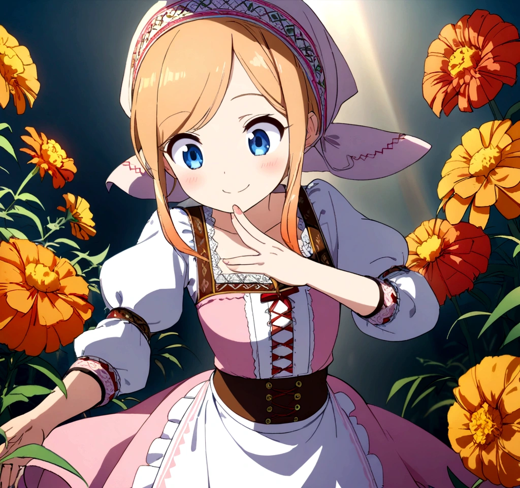golden orange hair, gradient hair, very long hair, swept bangs, sidelocks, curly hair, wavy hair, (((((head scarf))))), head bandana, pink apron, flower in hair, marigold, orange flower, blue eyes, dirndl, pink dress, pink dirndl, long sleeves, waist apron, white apron, bow on waist, blue bow, , polish clothing, Slavic clothing, Hungarian clothing, anime, cute, flat chest,, smile, solo, shocked, hand on mouth