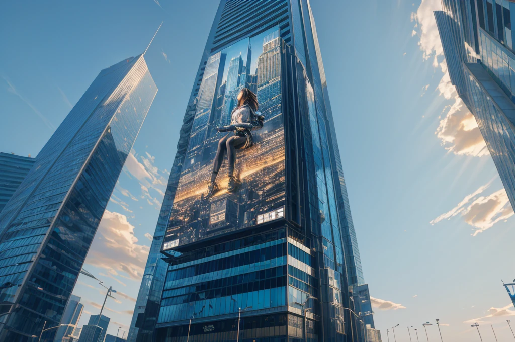 arafed image of girl a building, highly detailed giantess shot, highly detailed vfx portrait of, perched on a skyscraper, extremely detailed giantess shot, pixels huh, giantess, pixels, inspired by Scott Listfield, megatall building, giant led screens, macro giantess, giant video screens, chell from portal