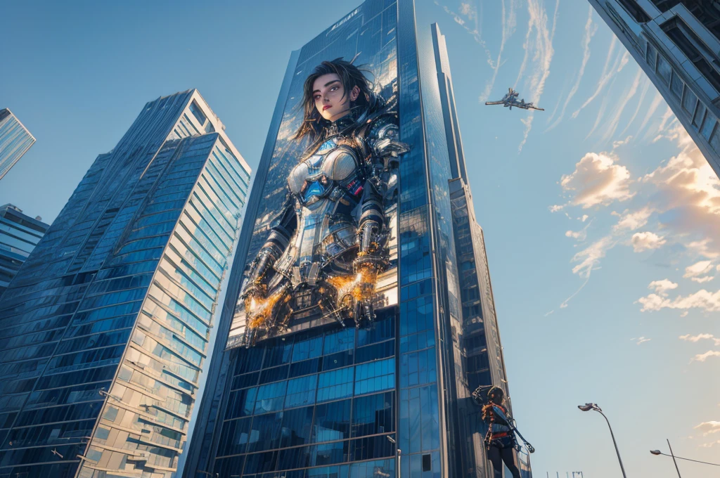 arafed image of girl a building, highly detailed giantess shot, highly detailed vfx portrait of, perched on a skyscraper, extremely detailed giantess shot, pixels huh, giantess, pixels, inspired by Scott Listfield, megatall building, giant led screens, macro giantess, giant video screens, chell from portal