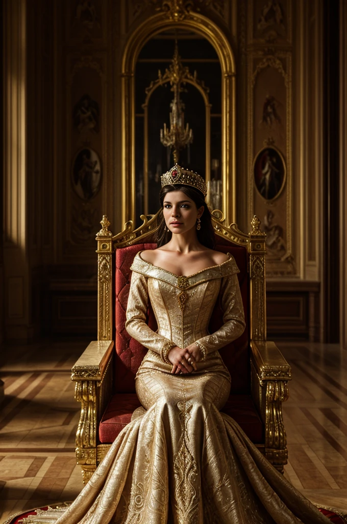 a queen in a medieval european empire style, beautiful intricate crown, elegant flowing gown, regal posture, ornate throne room background, warm lighting, photorealistic, highly detailed, 8k, dramatic lighting, dramatic colors, cinematic composition