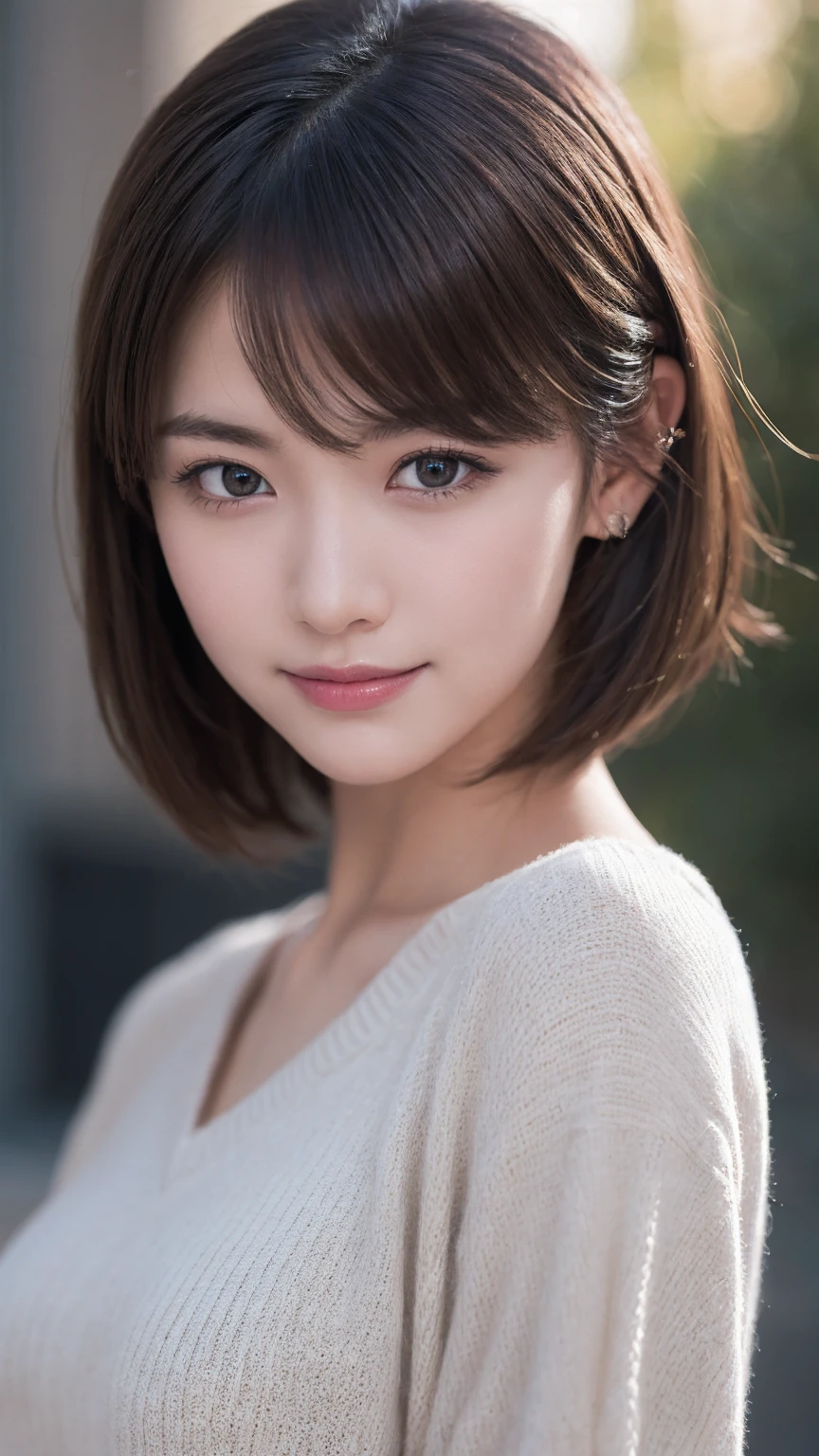 One Girl, (Wear trendy fashion:1.2), (RAW Photos, Highest quality), (Realistic, Realistic:1.4), Tabletop, Very delicate and beautiful, Very detailed, 2k wallpaper, wonderful, In detail, Very detailedな CG Unity 8K 壁紙, Very detailedな, High resolution, Soft Light, Beautiful detailed girl, Looking into the camera、Very detailedな目と顔, Beautiful and sophisticated nose, Beautiful details, short hair, small, Grey clothes、White Background、Background is white、Cinema Lighting, Perfect Anatomy, Glamour, smile, 