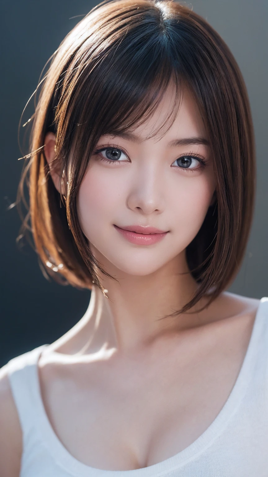 One Girl, (Wear trendy fashion:1.2), (RAW Photos, Highest quality), (Realistic, Realistic:1.4), Tabletop, Very delicate and beautiful, Very detailed, 2k wallpaper, wonderful, In detail, Very detailedな CG Unity 8K 壁紙, Very detailedな, High resolution, Soft Light, Beautiful detailed girl, Looking into the camera、Very detailedな目と顔, Beautiful and sophisticated nose, Beautiful details, short hair, small, Grey clothes、White Background、Background is white、Cinema Lighting, Perfect Anatomy, Glamour, smile, 
