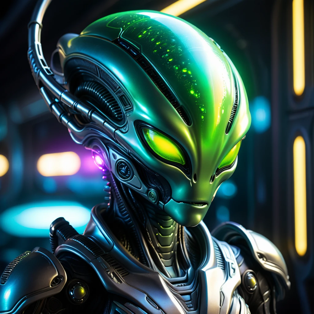 cute (((alien head_Platinum-skin))) with a space gun, 1 alien, detailed alien face, alien holding futuristic space gun, detailed alien hands, detailed alien eyes, detailed alien expression, alien in a sci-fi setting, advanced alien technology, costumes mecha-armor, glowing neon lights, vibrant color palette, cinematic lighting, dramatic shadows, intricate alien features, detailed alien skin texture