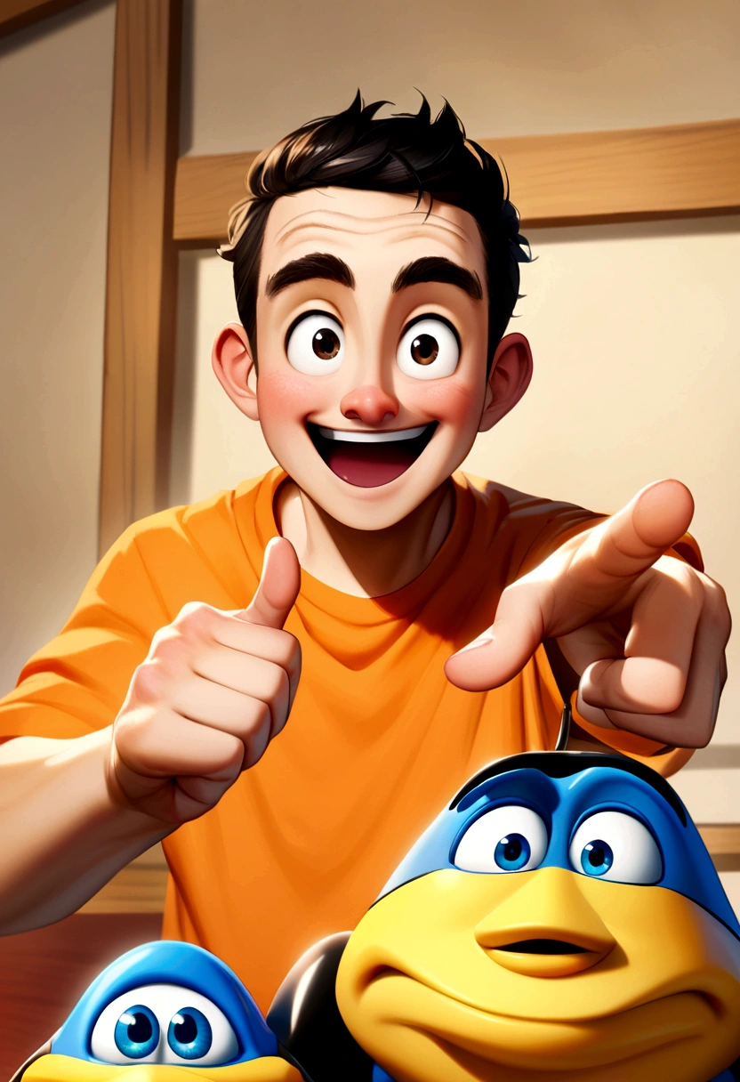 white boy, Bblack hair, eyes browns, showing thumb, glad, disney pixar, orange shirt