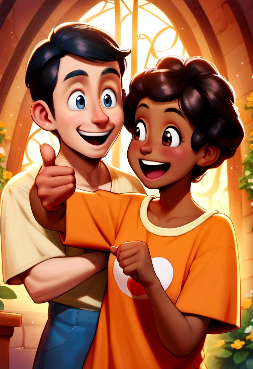 white boy, Bblack hair, eyes browns, showing thumb, glad, disney pixar, orange shirt