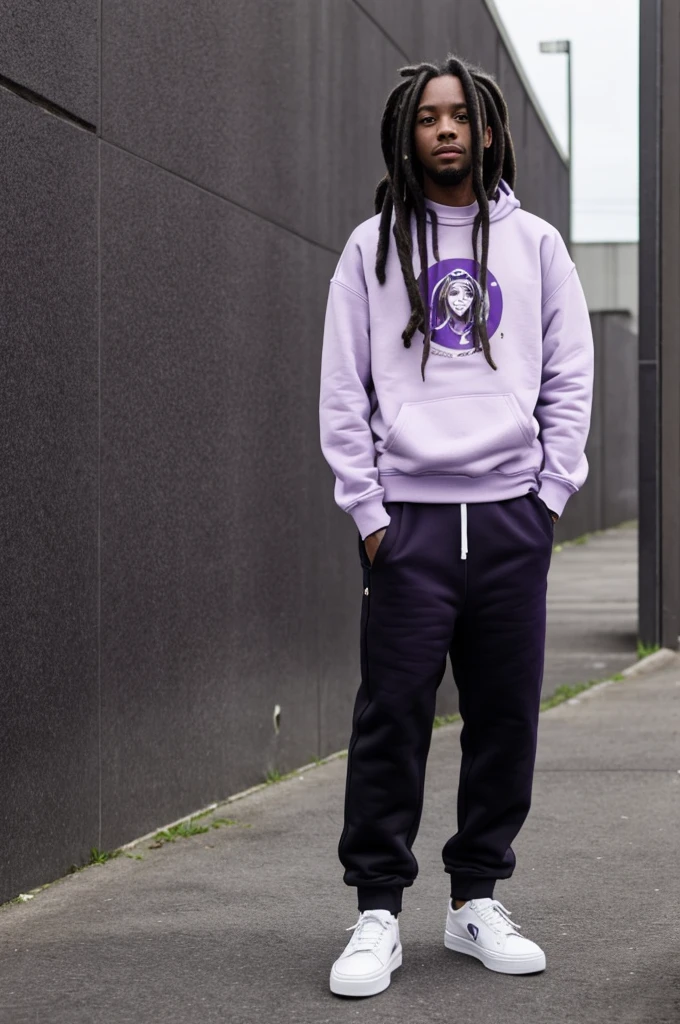 You can create a character with a dark purple sweatshirt ,that has not so long dreadlocks hair and otherside black pants,with white shoes,anime style