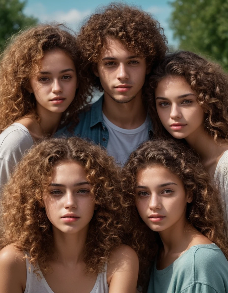 a guy and 3 girls with curly hair going through all their memories,photorrealistic,14k HD quality,highy detailed,Vibrant,more coherent,super high quality,modern hyper-realistic,cores pretas