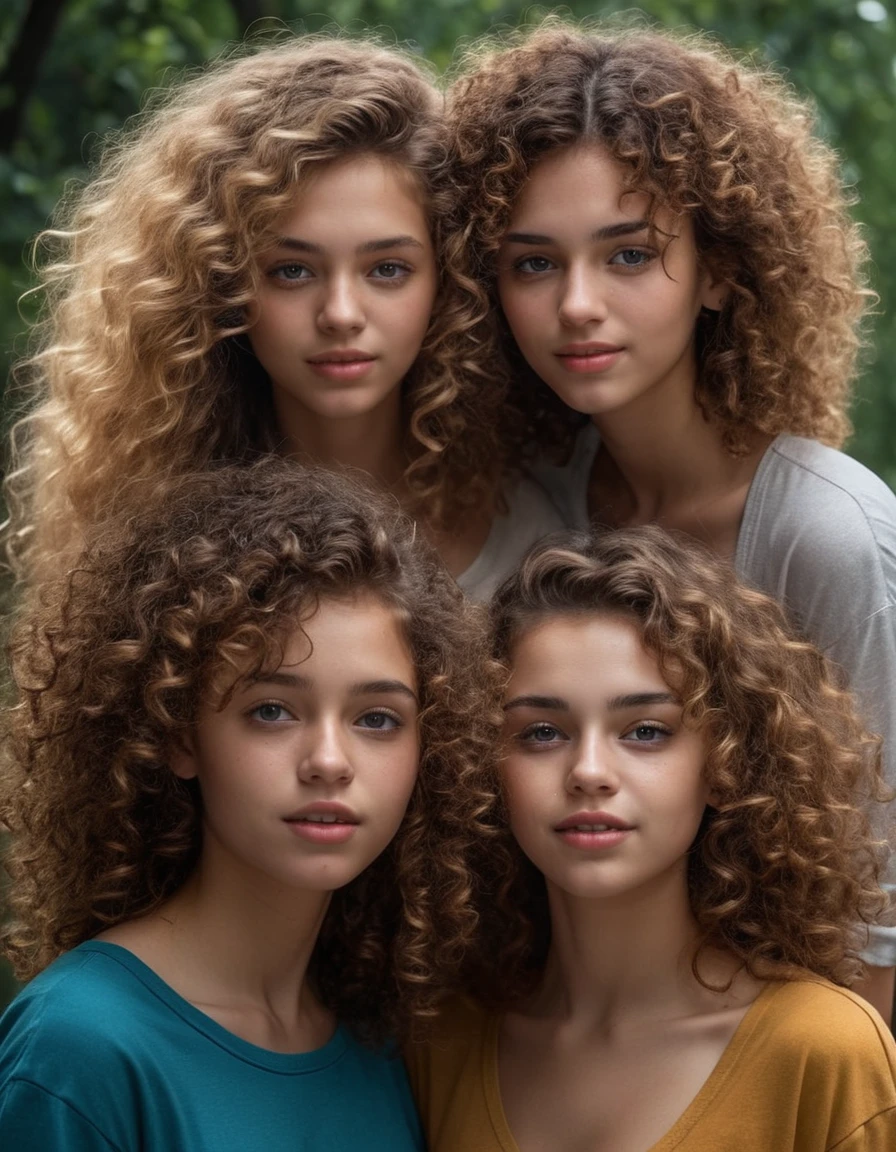 a guy and 3 girls with curly hair going through all their memories,photorrealistic,14k HD quality,highy detailed,Vibrant,more coherent,super high quality,modern hyper-realistic,cores pretas