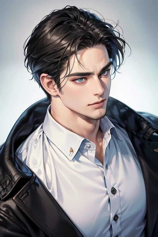 (best quality,4k,8k,highres,masterpiece:1.2),ultra-detailed,(realistic,photorealistic,photo-realistic:1.37),30 year old man,3 day beard,handsome anime,portraits,strong,masculine,dark hair,sharp jawline,mesmerizing eyes,perfectly styled hair,cool anime outfit,confident expression,vibrant colors,dynamic lighting, CEO and expression smile in love.