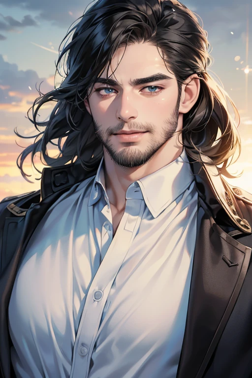 (best quality,4k,8k,highres,masterpiece:1.2),ultra-detailed,(realistic,photorealistic,photo-realistic:1.37),30 year old man,3 day beard,handsome anime,portraits,strong,masculine,dark hair,sharp jawline,mesmerizing eyes,perfectly styled hair,cool anime outfit,confident expression,vibrant colors,dynamic lighting, CEO and expression smile in love.