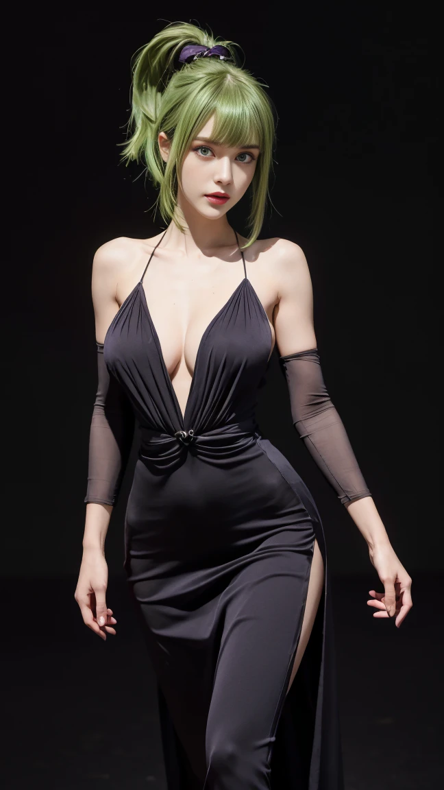 8K, Top Quality, Intricate Details, Ultra Detail, Ultra High Resolution, Masterpiece, close up shot, (full body: 1.1), Slender, Smile, (Makeup: 0.4), (walking), (Fluffy Eyes: 1.21), ((bangs)), 1girl, solo, 1 girl, (((purple eyes, green hair, bangs, long hair, high ponytail)), (()), close up shot, , ((tall)), (((fit body))), (((slim face))), sharp face, (( open maxi dress)) , (detailed face), sharp face, small lips, ( walking), walk pose, walking pose,
((, )), , ((,)), detailed face, detailed breast, large breast, huge breast, (( )), detail ass, Narrow Waist, Skinny, tall , 175 cm tall, Muscular, Navel, Exposed Abdomen, Pointed Chest,, Beautiful girl with accentuated slender abs: 1.4, Six Pack Abs: 1.4,, Perfect Body, detail leg, (( dark background)), black background,