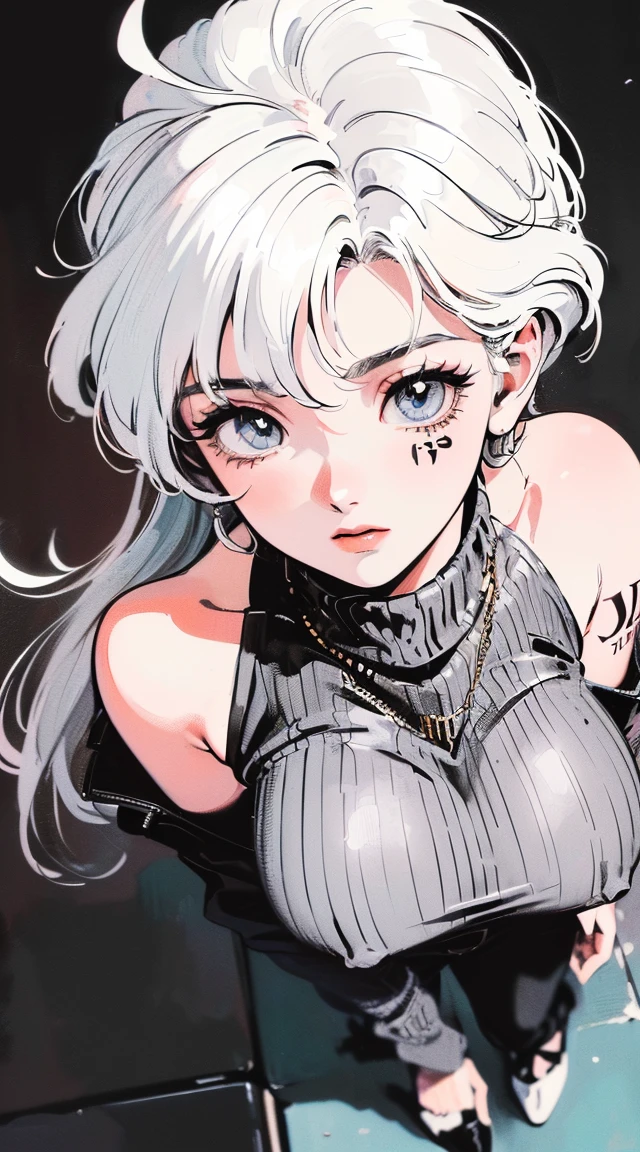 (((((((90's anime style,1990s style,oil painting,monochromatic world, using only shades of black and white, facial tattoo,))))))(((turtleneck sweater,off shoulders,Loose and light knitwear,))) (((blush:1.7,baggy cuffs))),(zentangle:1.1), (geometric:1.1), ((1girl,under-aged,amazing,sharp focus,seductive girl,solo,from above:1.2))(Masterpiece,Best quality, offcial art, Beautiful and aesthetic:1.2),((Ultra-high resolution,Golden ratio,)) (16K),((full body shot,Female dream demon,sagging breasts,gigantic breasts)),(Physically-based rendering),Sharp focus, (((highdetailskin,))),Intricately detailed clothing,Delicate pupils,heart pupils,Danfeng Eye,((((detailed hair|middle hair|steep bangs|Long bold side bangs|top bow|ahoge)))),slender,(masterpiece sidelighting),(The sheen),(beautiful hair,beautiful eyes,)((unbelievable Ridiculous quality,blur background,)),((extremely_Detailed_eyes_and_face)),Movie girl,(Dynamic configuration: 1.2),Brilliant,Glossy, (Photorealistic), ((hairpin)), two-sided fabric,disheveled hair,Ultra-precise depiction, Ultra-detailed depiction, white hair