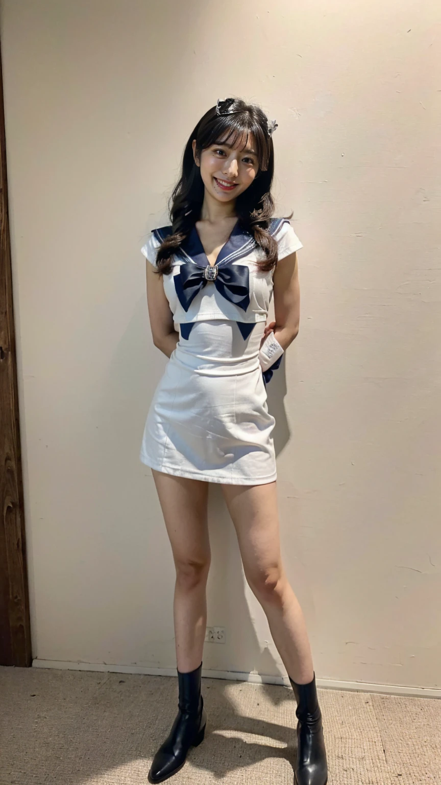 (8K、RAW Photos、Highest quality、masterpiece:1.2)、(Realistic、Realistic)、1 girl、((Sailor Warrior Outfits:1.5、With pubic hair、Large Breasts、Full body from the front、Standing with hands behind back、))、Lots of eyelashes、Glowing eyelids、skeletally correct、smile、This photo will awaken boys to sex