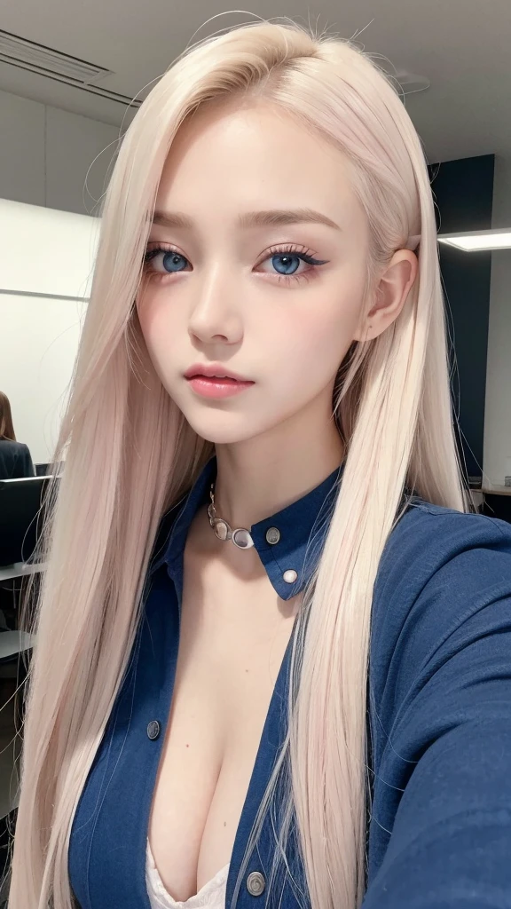 forehead、Big Breasts、Northern Europe、Russia、beautiful girl、Platinum Blonde Hair、Blouse with collar and sleeves、Straight long hair、Hitting the face and front of the eyes、Big blue eyes、Northern Europeの若者、Perfect body、White tendons、Glowing Skin、Young and beautiful skin、A perfect and beautiful little face、Bright makeup、Pale pink lips、Bright expression、16-year-old girl、lipstick、Deceptive advertising、{vapor}、Viewer's vision、Golden Hour Lighting、Bokeh Atmosphere Perspective、detailed、Movie Light、複雑なdetailed、High resolution、 フェイスデザインのdetailedな特徴、Attention to detail、Clear focus、Smoothness、aesthetics、Printed、Octane、{{masterpiece}}