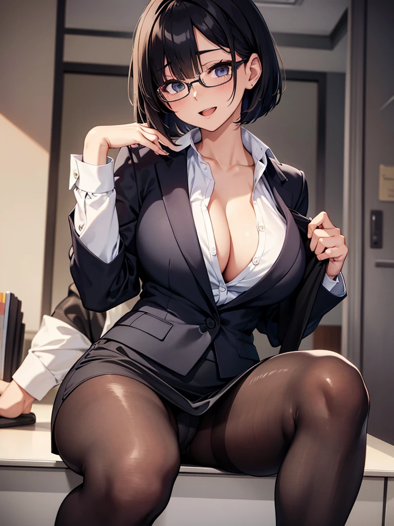 masterpiece, best quality, high definition images, atmospheric perspective, expressive eyes, perfect face, ultra detailed, solo, 1mature seductive woman sitting down in a carelessly sprawled on desk, alluring pose, black short bob hair, simple glasses, business suit, vest, blouse, grab large breasts, pencil skirt, tight mini skirt, spread legs, panties, curvy, thighs, pantyhose, high heals, calm smile, shy, open mouth, in office,