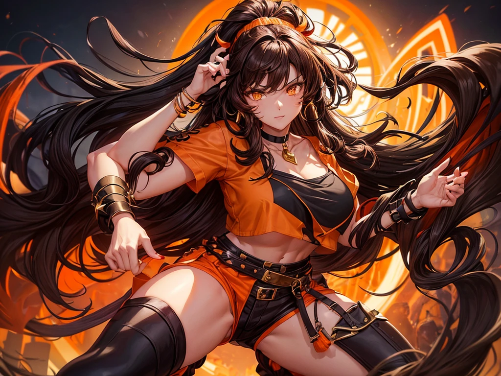 Kizi, long voluminous and messy dark brown curly hair, voluptuous, gold eyes, black choker necklace, orange earring, light brown cropped blouse, shorts above the waist dark brown, dark brown boots, RWBY style, realisitic, dark backdrop with orange symbols, high qualiy, detailded, seductive expression, fighting position.