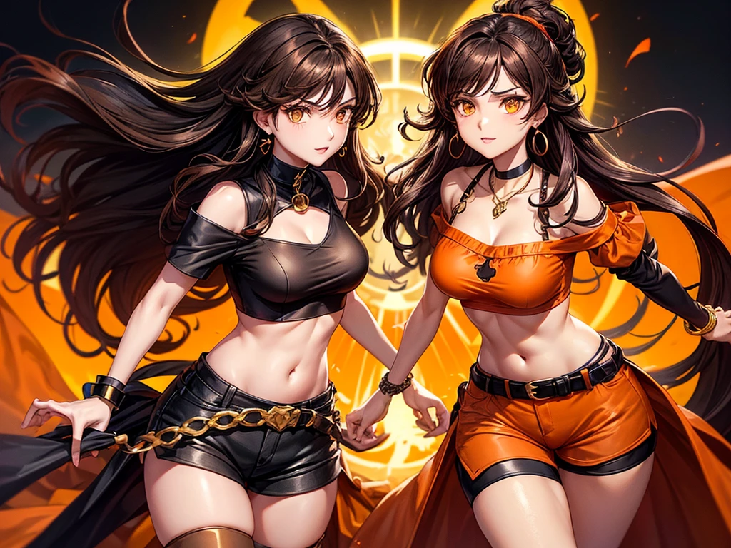 Kizi, long voluminous and messy dark brown curly hair, voluptuous, gold eyes, black choker necklace, orange earring, light brown cropped blouse, shorts above the waist dark brown, dark brown boots, RWBY style, realisitic, dark backdrop with orange symbols, high qualiy, detailded, seductive expression, fighting position.