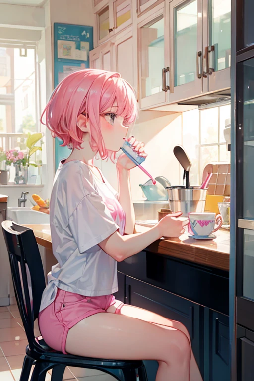 Disney Pixar style, cute girl with short pink hair with bangs, wearing a white shirt and pink shorts, looking away, is sitting in a chair facing a table in a kitchen, drinking coffee, realistc, 8k