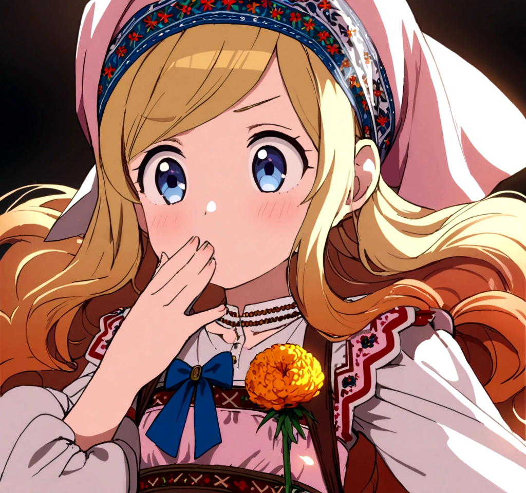 golden orange hair, gradient hair, very long hair, swept bangs, sidelocks, curly hair, wavy hair, (((((head scarf))))), head bandana, pink apron, flower in hair, marigold, orange flower, blue eyes, dirndl, pink dress, pink dirndl, long sleeves, waist apron, white apron, bow on waist, blue bow, , polish clothing, Slavic clothing, Hungarian clothing, anime, cute, flat chest, solo, shocked, hand on mouth