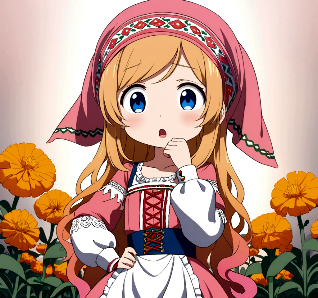 golden orange hair, gradient hair, very long hair, swept bangs, sidelocks, curly hair, wavy hair, (((((head scarf))))), head bandana, pink apron, flower in hair, marigold, orange flower, blue eyes, dirndl, pink dress, pink dirndl, long sleeves, waist apron, white apron, bow on waist, blue bow, , polish clothing, Slavic clothing, Hungarian clothing, anime, cute, flat chest, solo, shocked, hand on mouth