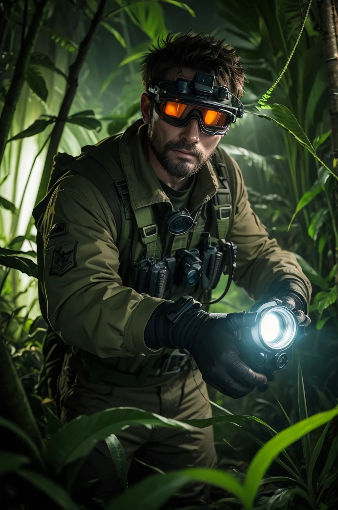 A man in the jungle with night vision goggles with circular lenses and a wolf claw and incredible speed 