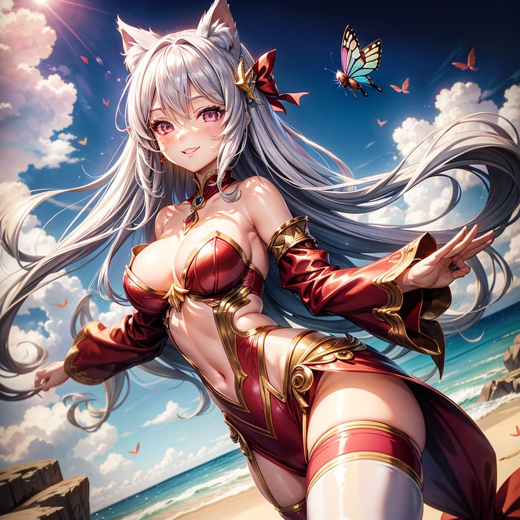 Silver hair, pink eyes, woman, sun and cloud background, red and gold clothes, hair bows, happy face, mermaid outfit, sexy, cat ears, floating butterflies, thigh up, thigh high tights