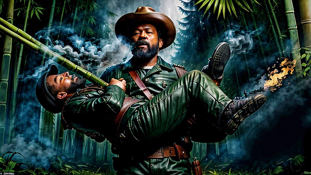 The Captain of the Forest, with the expression of his mouth, uses vowels to speak -- leather jacket, long pants and hunter's boots, with a straw hat, closed, he is injured and is carried by the arms of the men, one on the left side, the other on the right side - - a lot of smoke - he is carried by two henchmen - a lot of smoke - the captain of the forest falls to the ground in the background a bamboo grove